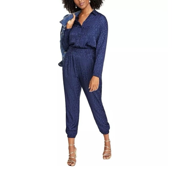 On 34th Animal Print Jacquard Jumpsuit Romper Blue Preppy Coastal Size M NWT - Picture 1 of 3